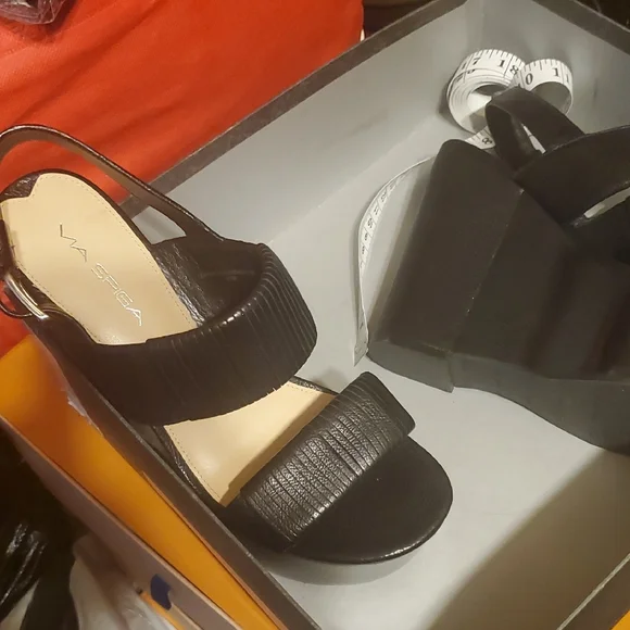 Via Spiga Black Wedge Sandals Strap Leather - Picture 3 of 11